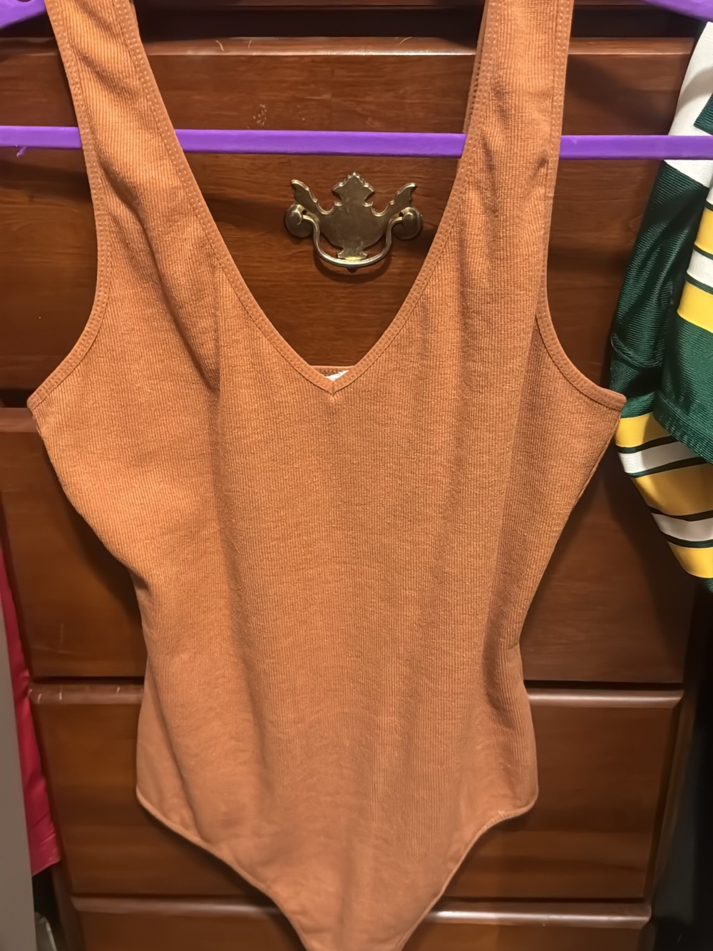 Women's Rust Ribbed V-Neck Bodysuit - Picture 1 of 1